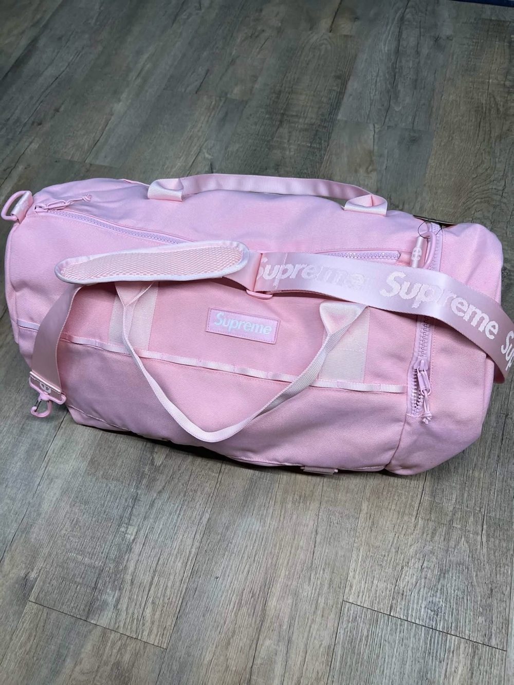 Supreme Light Pink Duffle Bag with Logo Strap
